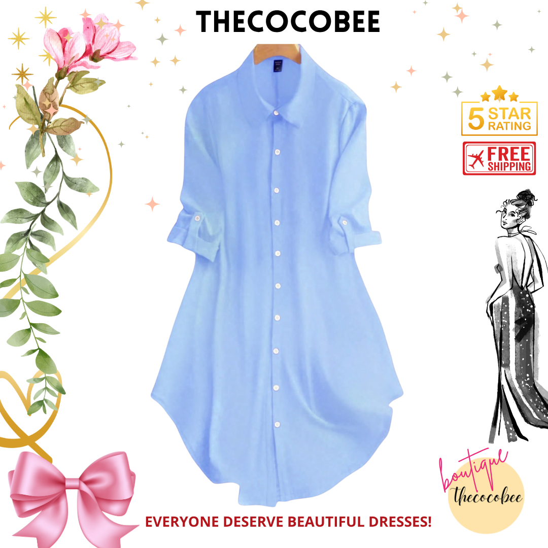 #161 Baby Blue Casual Versatile Shirt Collar Solid Color Button Midi Dress, Short Sleeve Single-Breasted