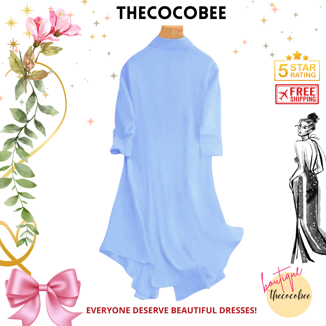 #161 Baby Blue Casual Versatile Shirt Collar Solid Color Button Midi Dress, Short Sleeve Single-Breasted
