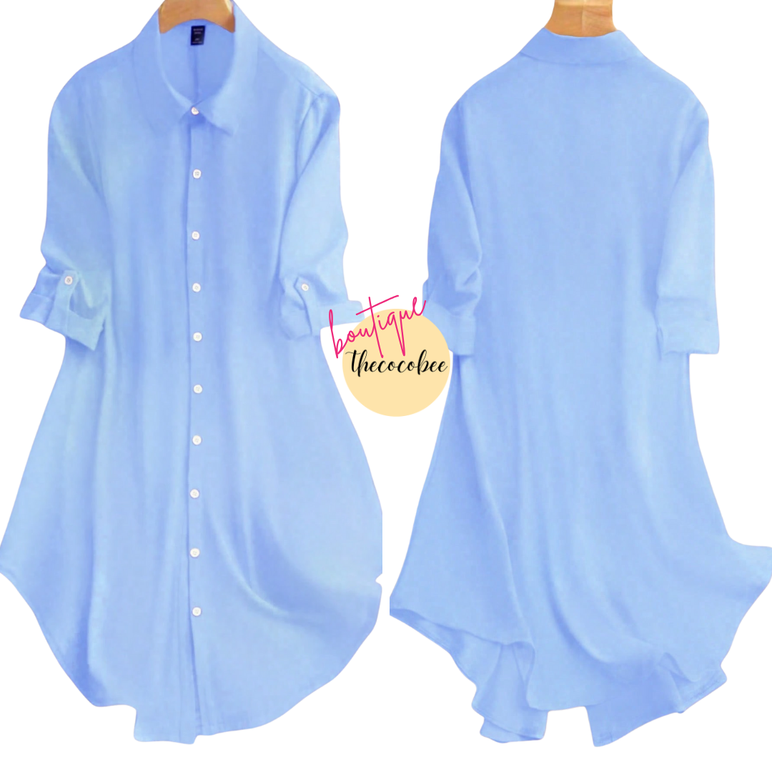 #161 Baby Blue Casual Versatile Shirt Collar Solid Color Button Midi Dress, Short Sleeve Single-Breasted