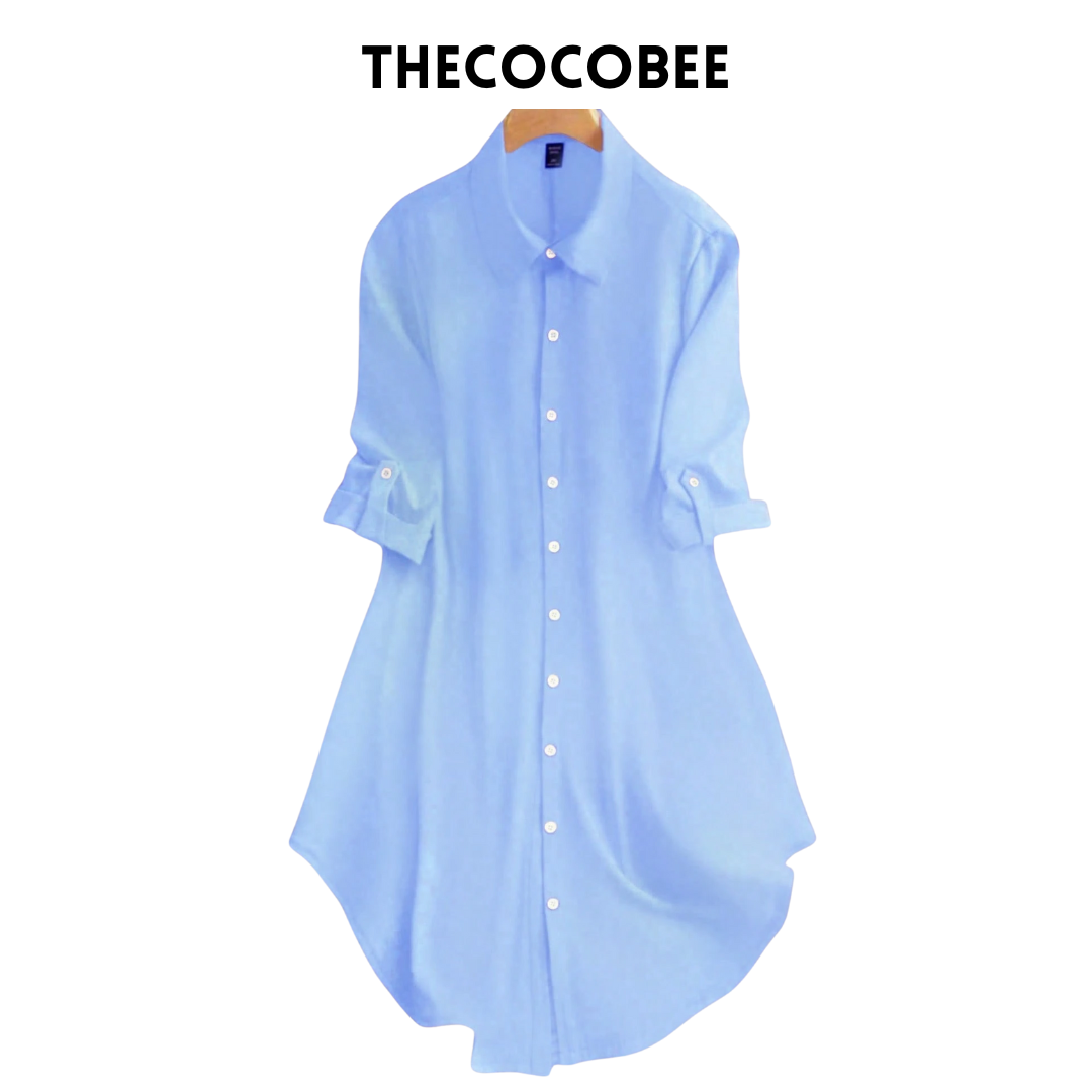 #161 Baby Blue Casual Versatile Shirt Collar Solid Color Button Midi Dress, Short Sleeve Single-Breasted