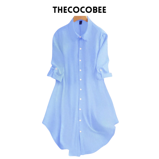 #161 Baby Blue Casual Versatile Shirt Collar Solid Color Button Midi Dress, Short Sleeve Single-Breasted