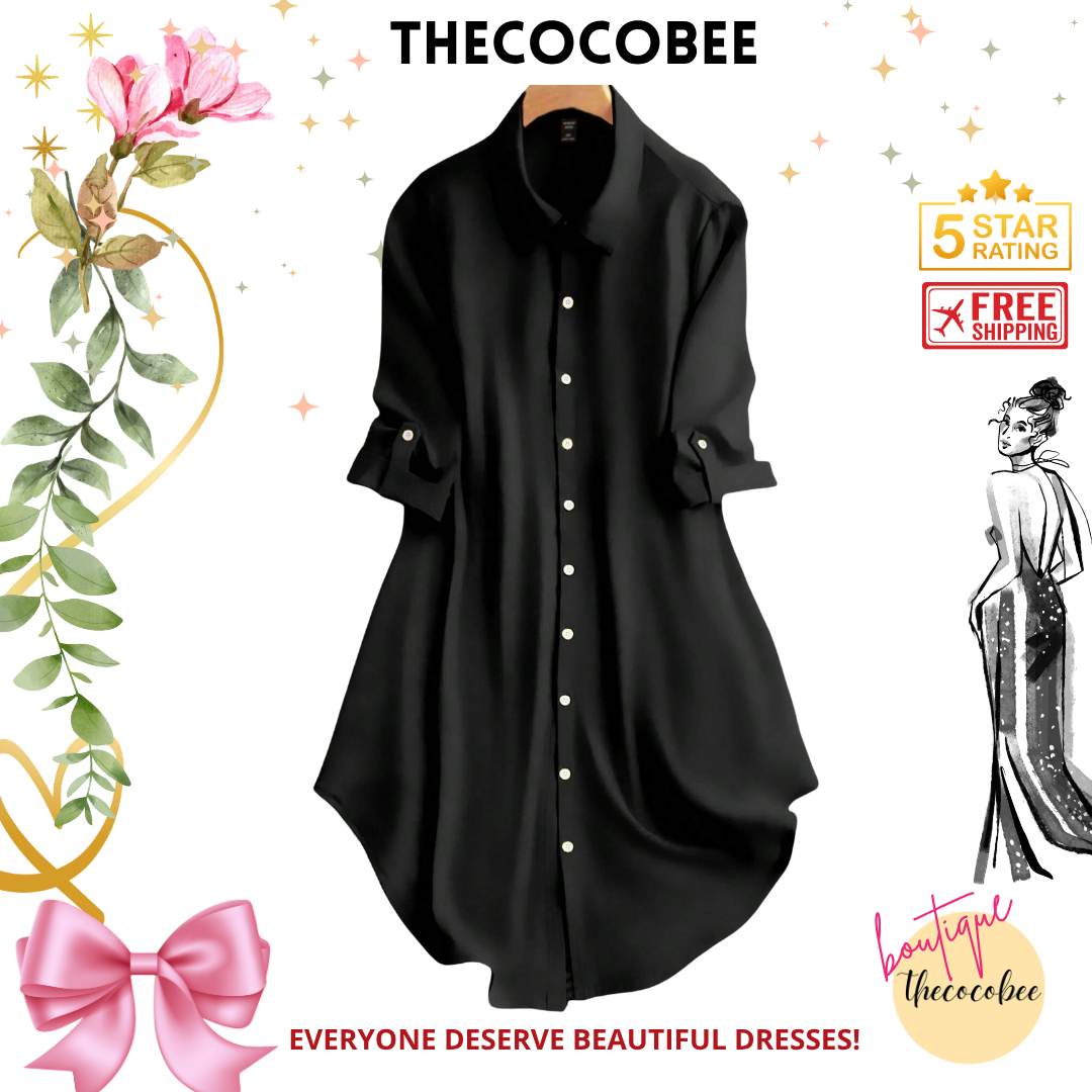 #161 Black Roll-Up Sleeve Button-Front Shirt Dress