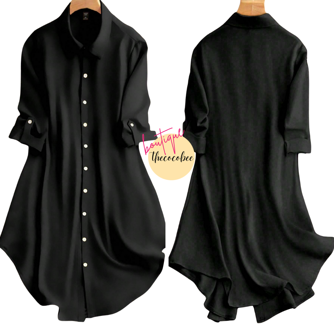 #161 Black Roll-Up Sleeve Button-Front Shirt Dress