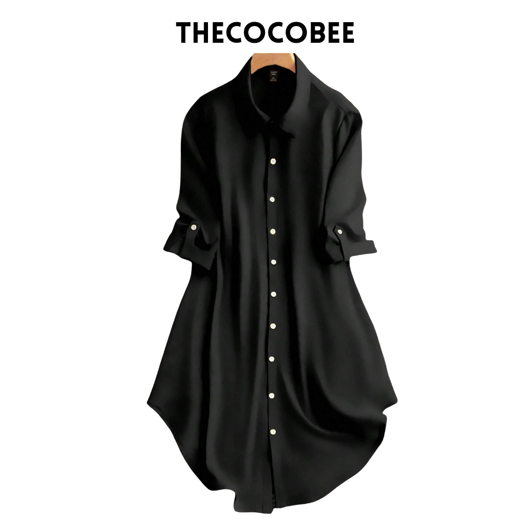 #161 Black Roll-Up Sleeve Button-Front Shirt Dress