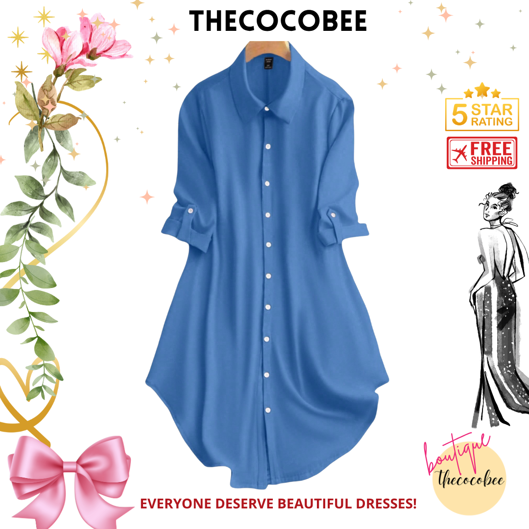 #161 Blue Casual Everyday Commute Solid Color Roll Tab Sleeve Loose Shirt Dress, Spring/Autumn