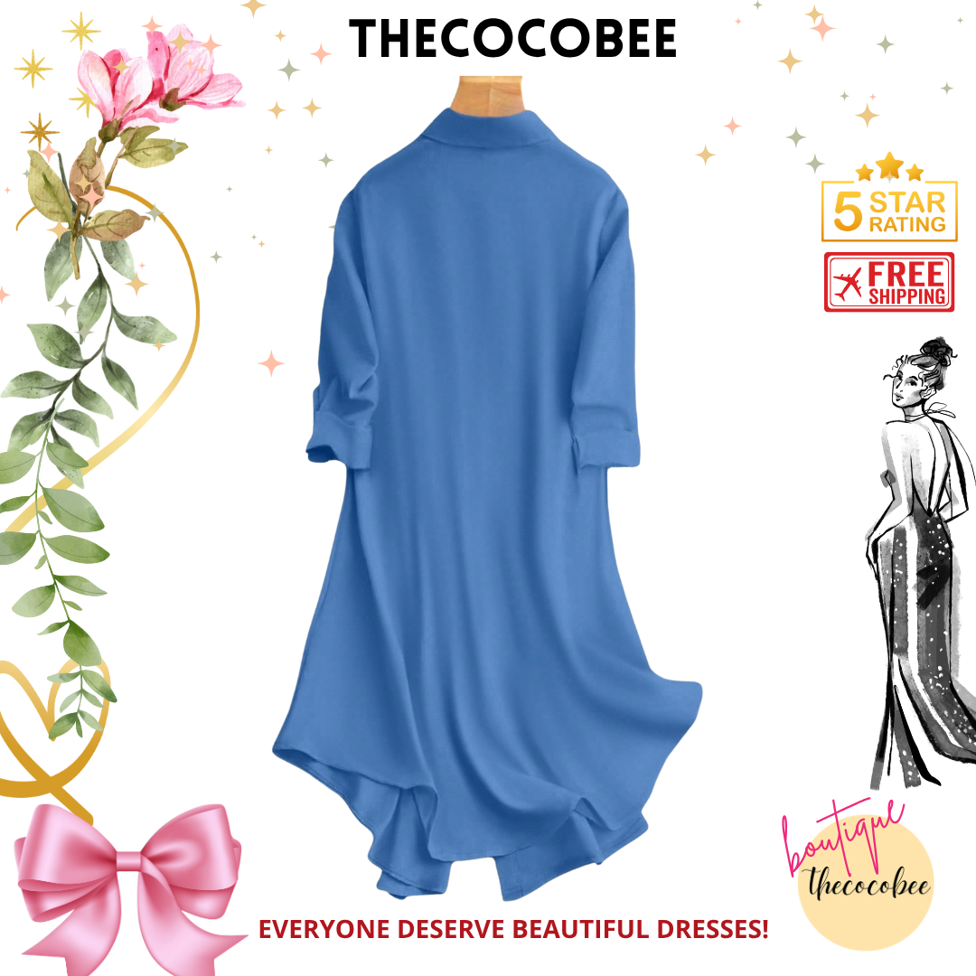 #161 Blue Casual Everyday Commute Solid Color Roll Tab Sleeve Loose Shirt Dress, Spring/Autumn