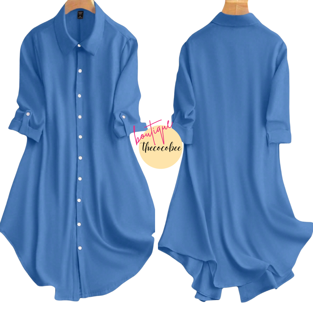 #161 Blue Casual Everyday Commute Solid Color Roll Tab Sleeve Loose Shirt Dress, Spring/Autumn