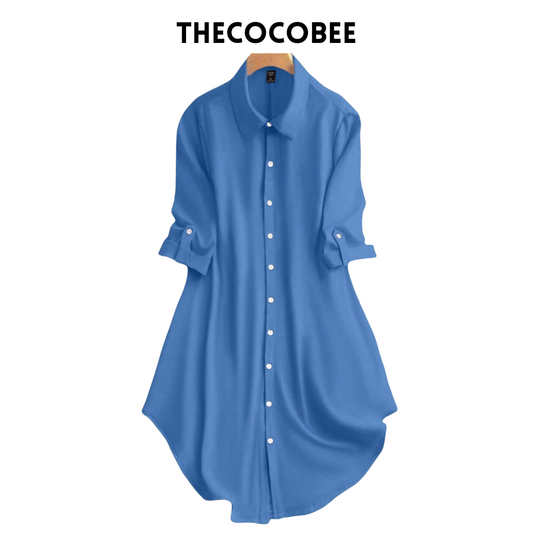 #161 Blue Casual Everyday Commute Solid Color Roll Tab Sleeve Loose Shirt Dress, Spring/Autumn