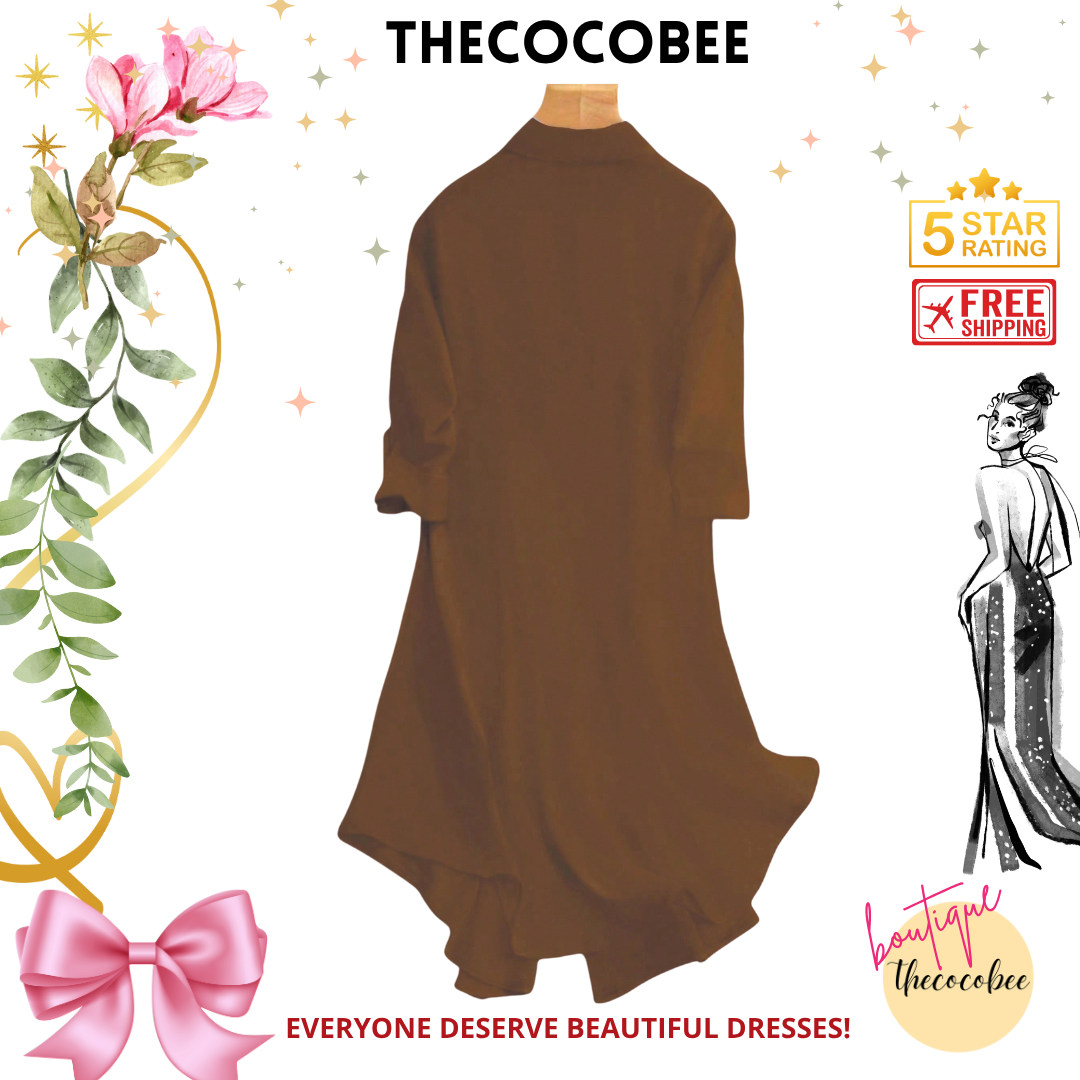 #161 Brown Casual Solid Color Front Button Curved Hem Dress