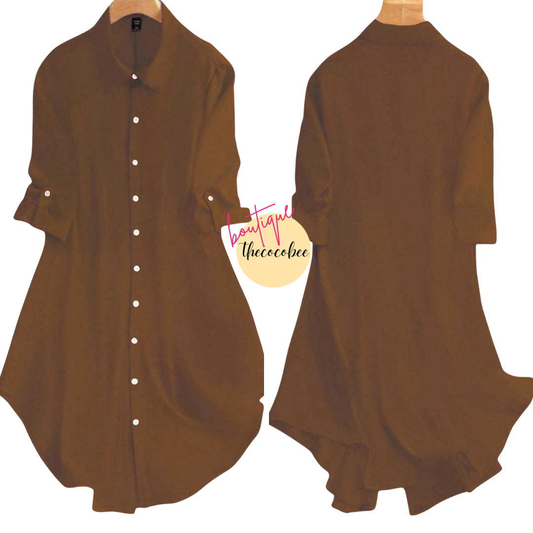 #161 Brown Casual Solid Color Front Button Curved Hem Dress