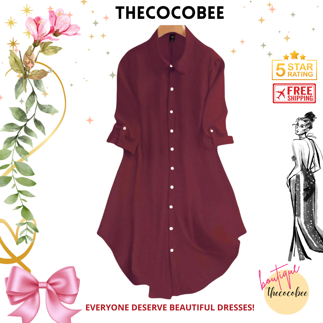 #161 Burgundy Casual Everyday Loose Solid Color Shirt Dress
