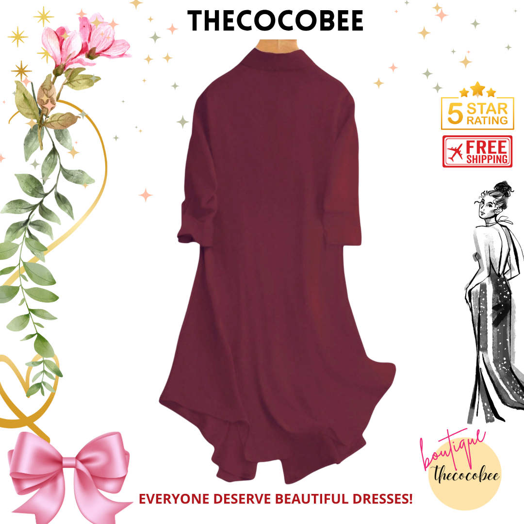 #161 Burgundy Casual Everyday Loose Solid Color Shirt Dress
