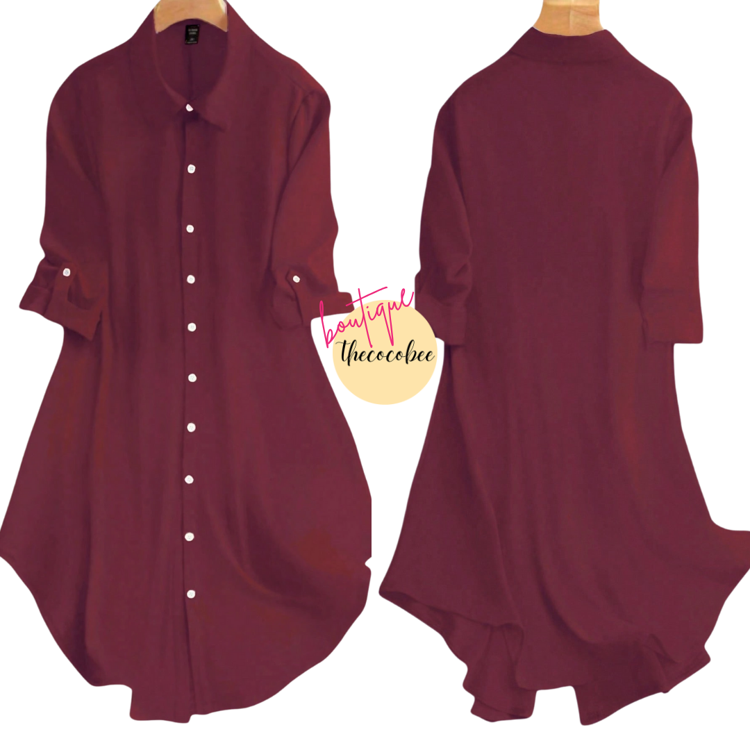 #161 Burgundy Casual Everyday Loose Solid Color Shirt Dress