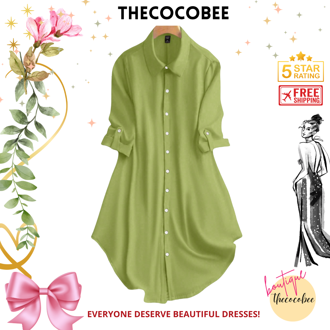 #161 Green Solid Color Front Button Roll Sleeve Casual Versatile Dress