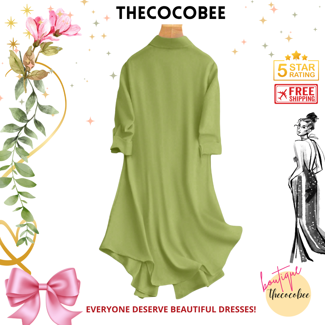 #161 Green Solid Color Front Button Roll Sleeve Casual Versatile Dress