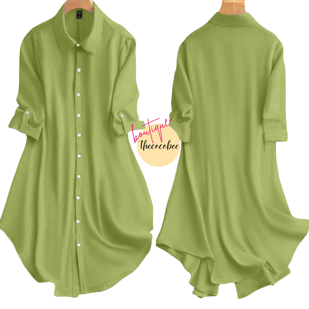 #161 Green Solid Color Front Button Roll Sleeve Casual Versatile Dress
