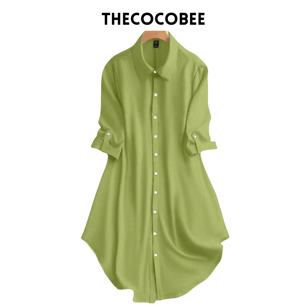#161 Green Solid Color Front Button Roll Sleeve Casual Versatile Dress