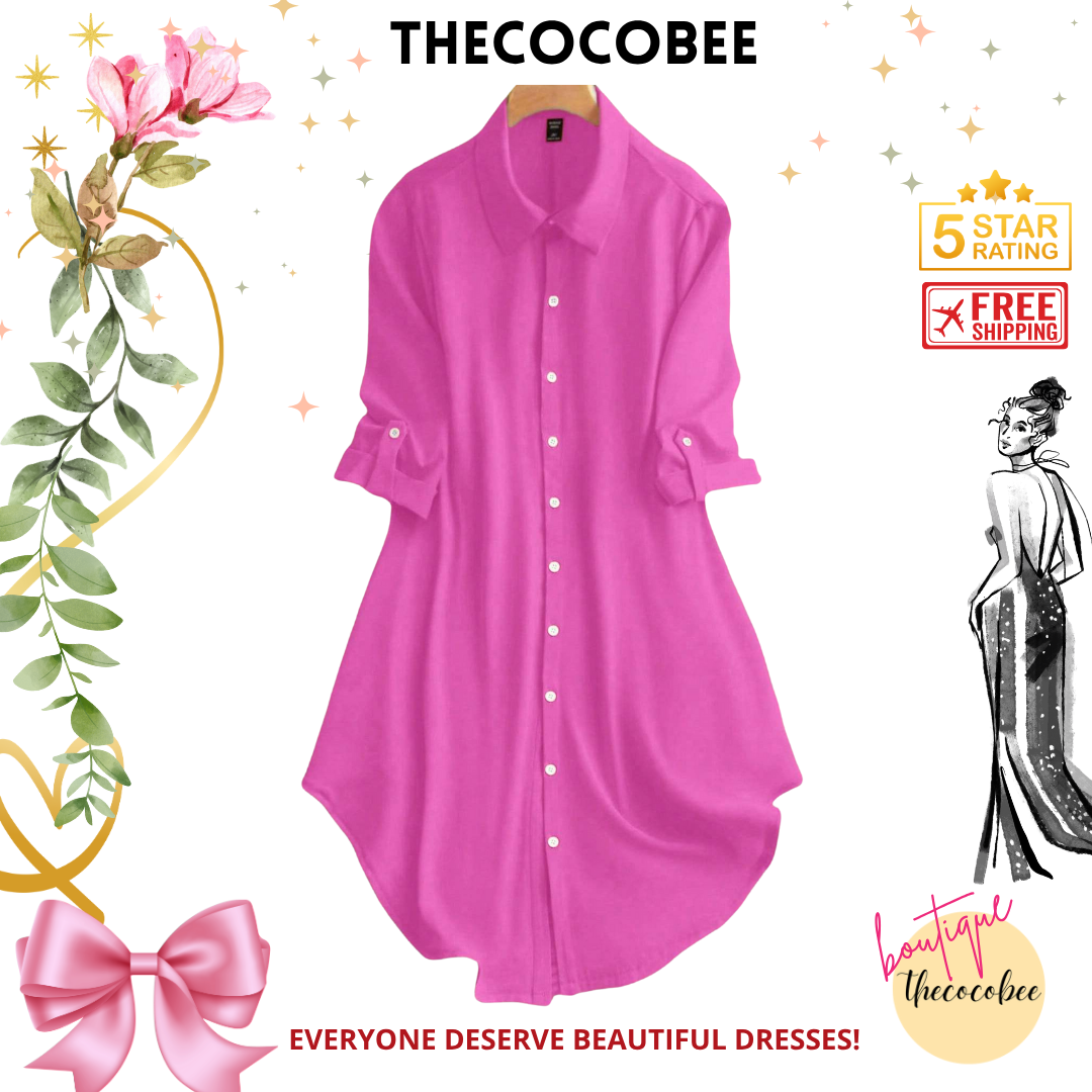 #161 Hot Pink Solid Color Button-Trimmed V-Neckline A-Line Dress With Asymmetric Hem