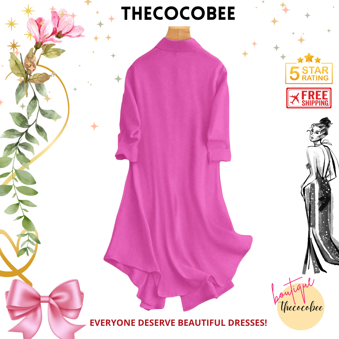 #161 Hot Pink Solid Color Button-Trimmed V-Neckline A-Line Dress With Asymmetric Hem