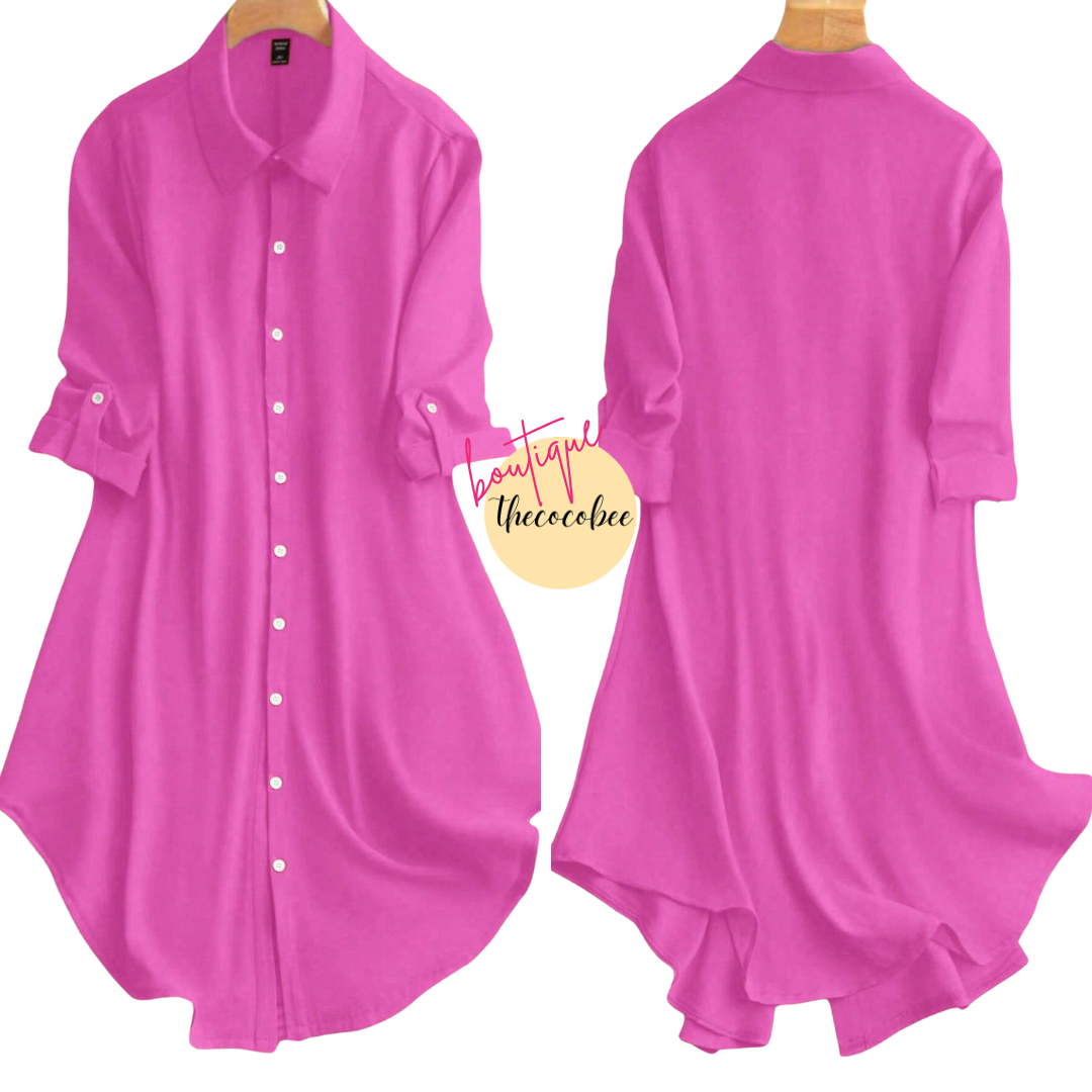 #161 Hot Pink Solid Color Button-Trimmed V-Neckline A-Line Dress With Asymmetric Hem