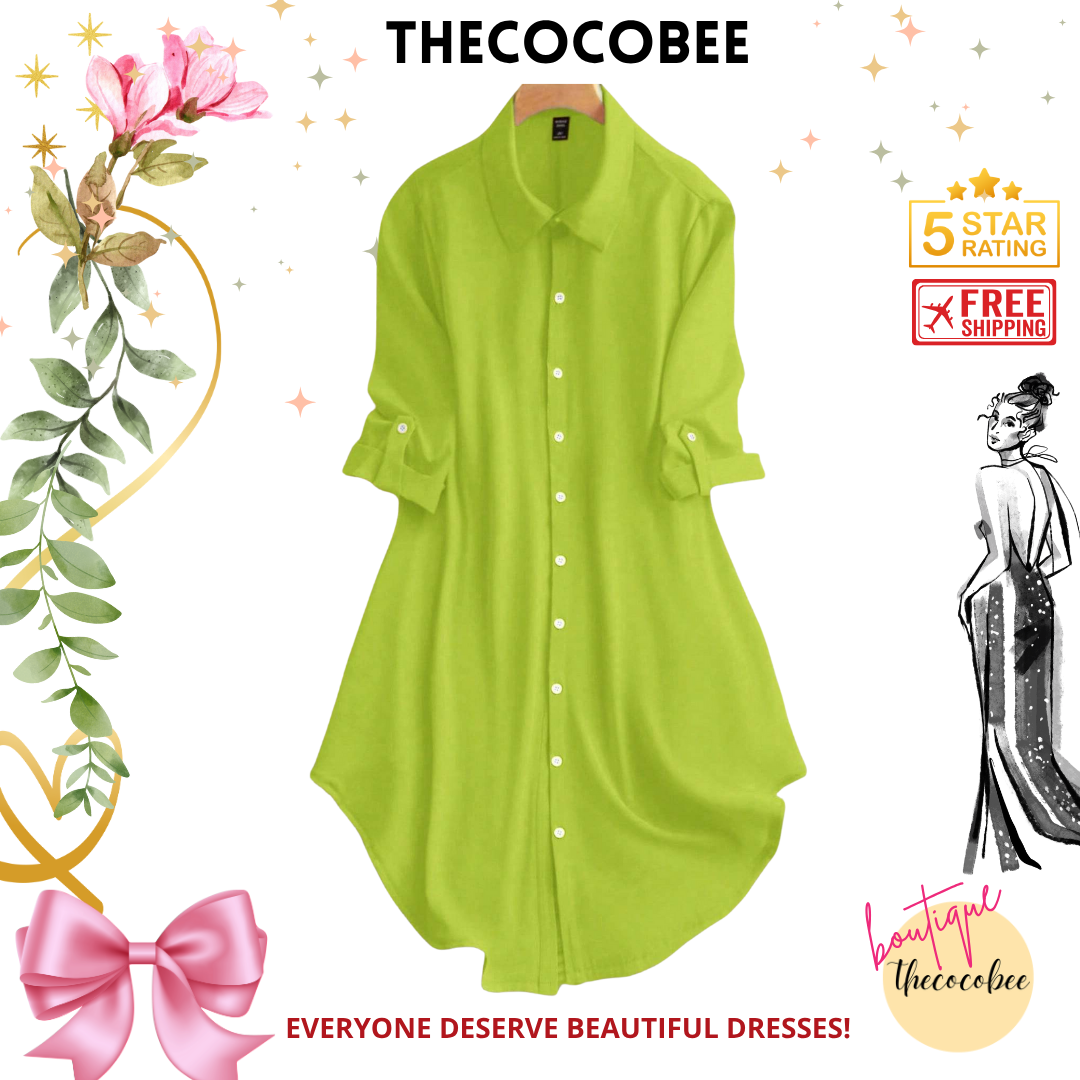 #161 Mint Green Spring And Summer Casual Solid Color Button-Front Shirt Dress With Rolled Sleeves