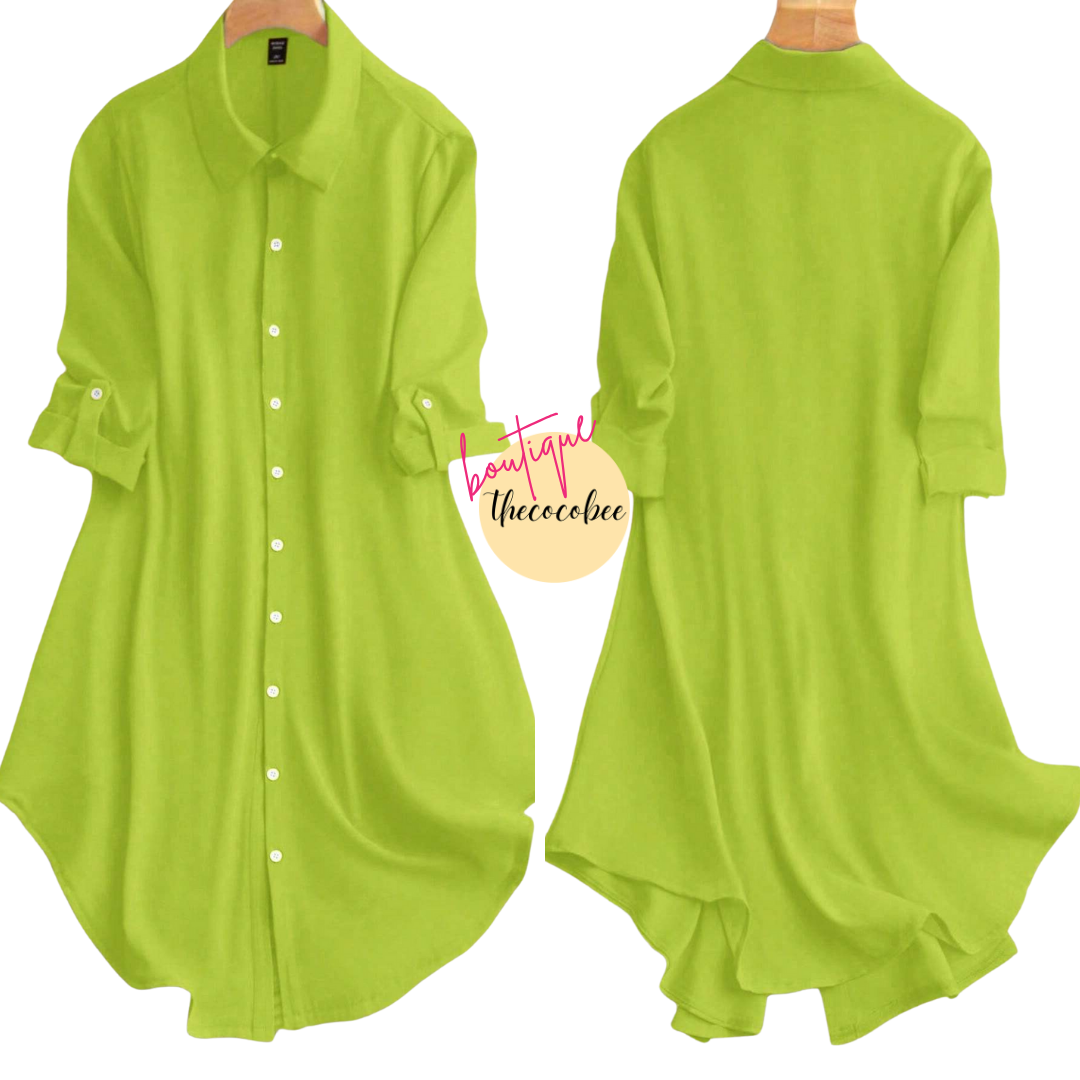 #161 Mint Green Spring And Summer Casual Solid Color Button-Front Shirt Dress With Rolled Sleeves