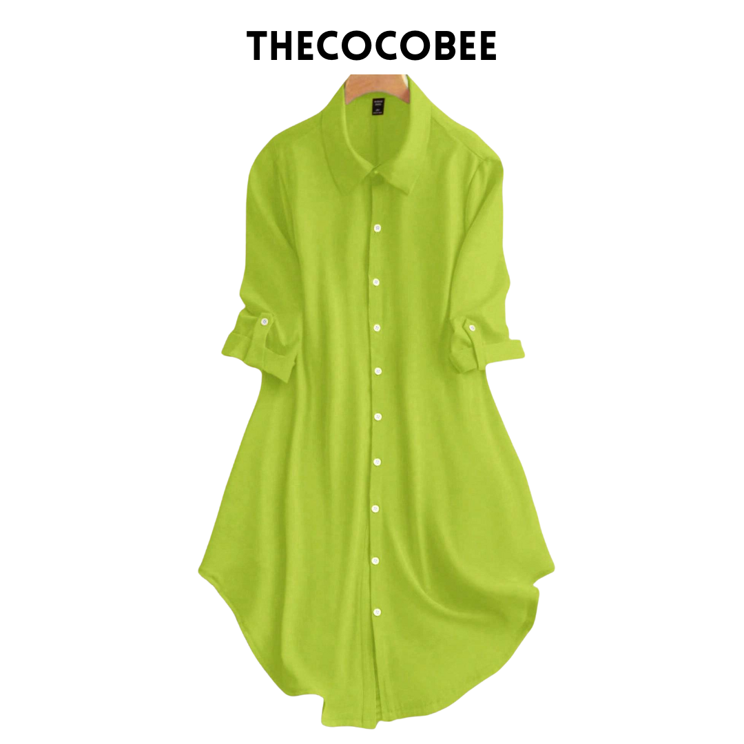 #161 Mint Green Spring And Summer Casual Solid Color Button-Front Shirt Dress With Rolled Sleeves