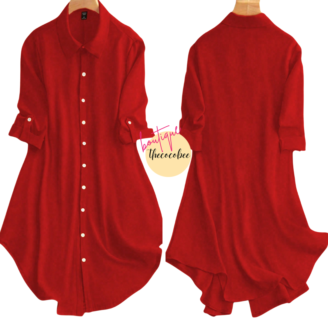 #161 Red Solid Color Shirt Dress For New Year Clothes