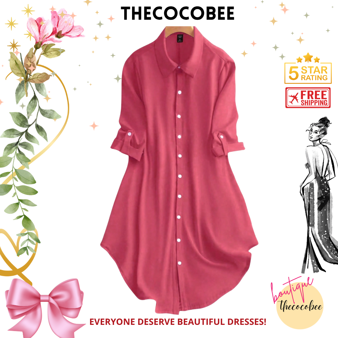 #161 Redwood Solid Color Roll-Up Sleeve Single-Breasted Casual Shirt Dress