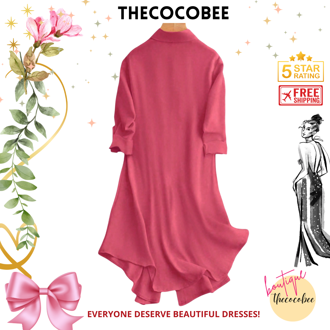 #161 Redwood Solid Color Roll-Up Sleeve Single-Breasted Casual Shirt Dress