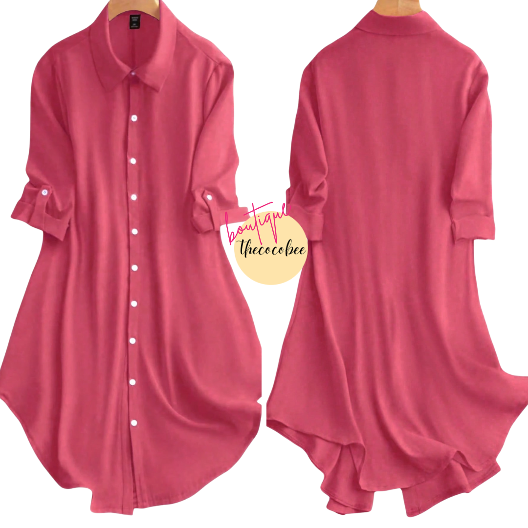 #161 Redwood Solid Color Roll-Up Sleeve Single-Breasted Casual Shirt Dress