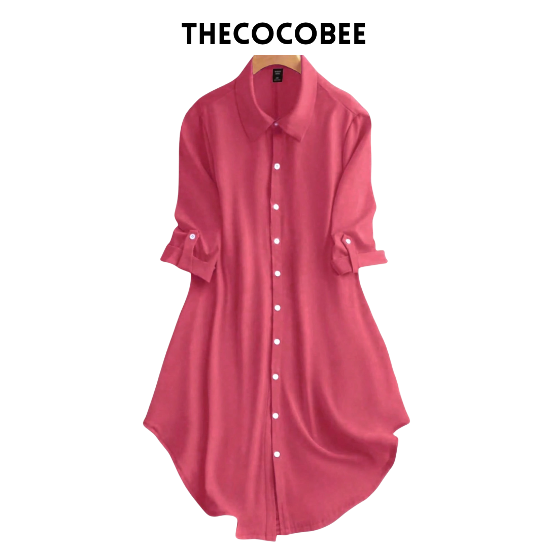 #161 Redwood Solid Color Roll-Up Sleeve Single-Breasted Casual Shirt Dress