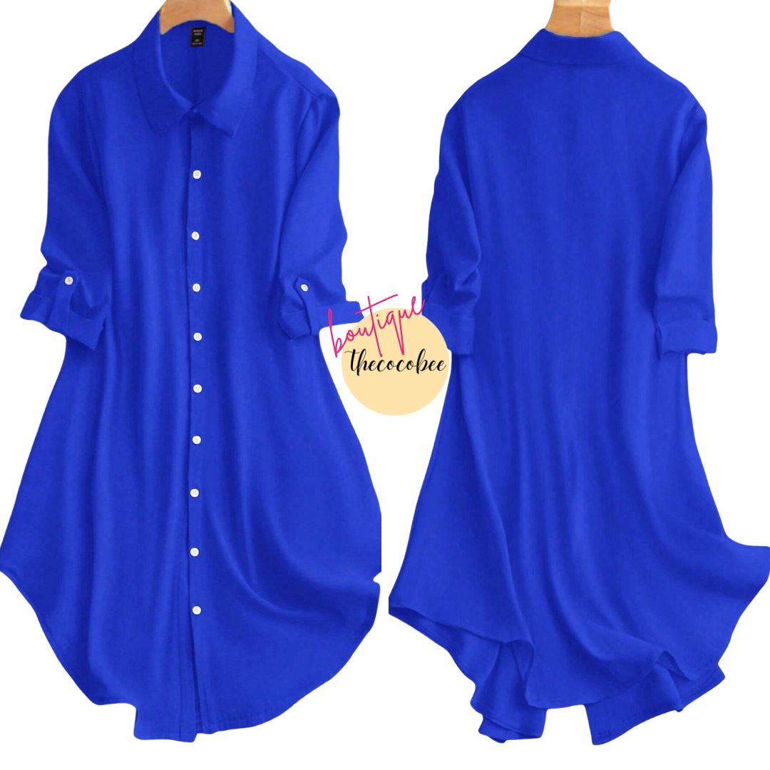 #161 Royal Blue Solid Color Casual Daily Wear Mid-Sleeve Dress For Spring And Summer