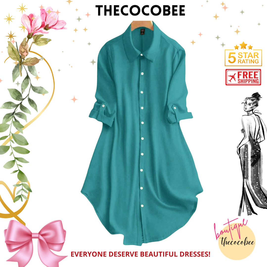 #161 Teal Blue Solid Color Button Front Long Sleeve Casual Dress, Everyday Wear