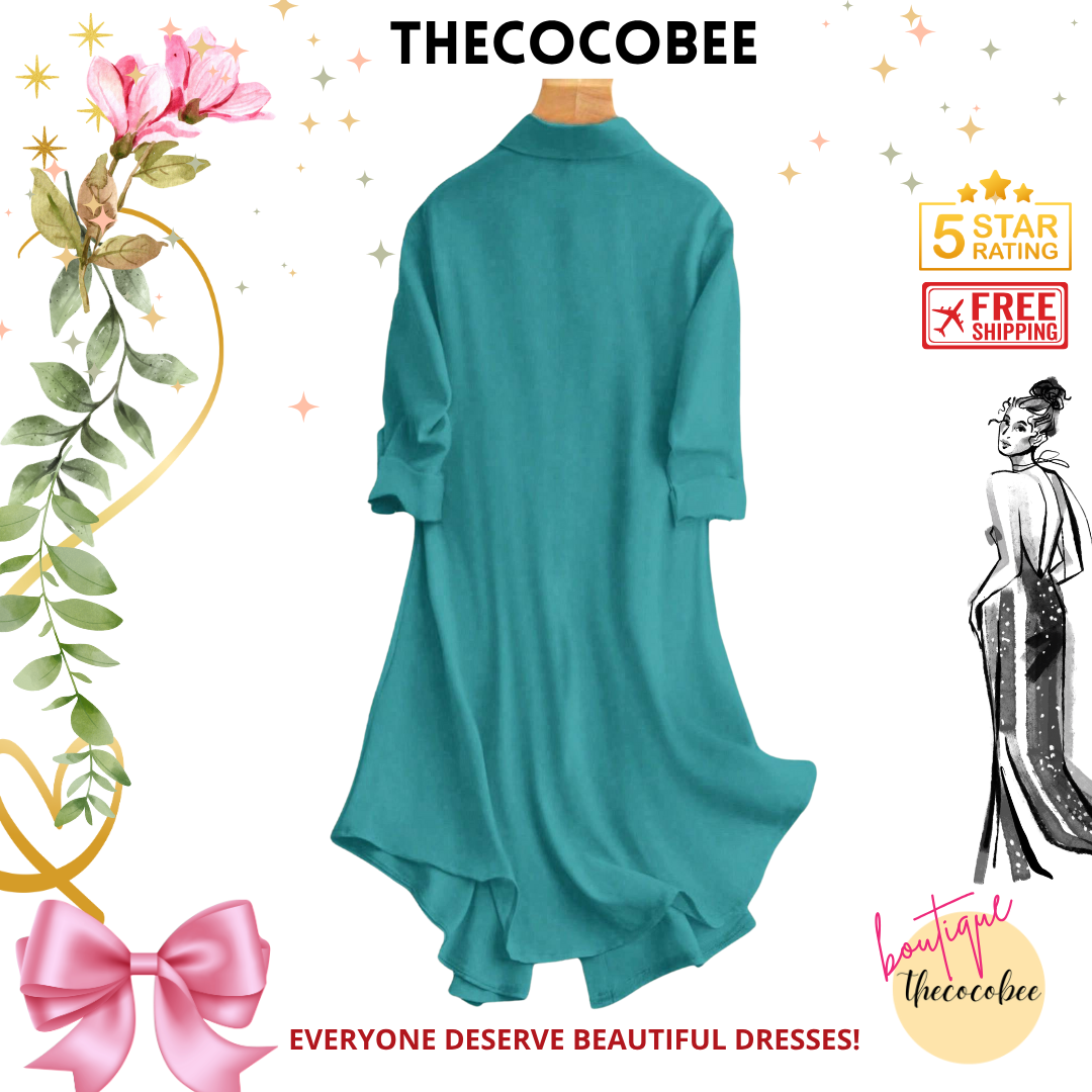 #161 Teal Blue Solid Color Button Front Long Sleeve Casual Dress, Everyday Wear