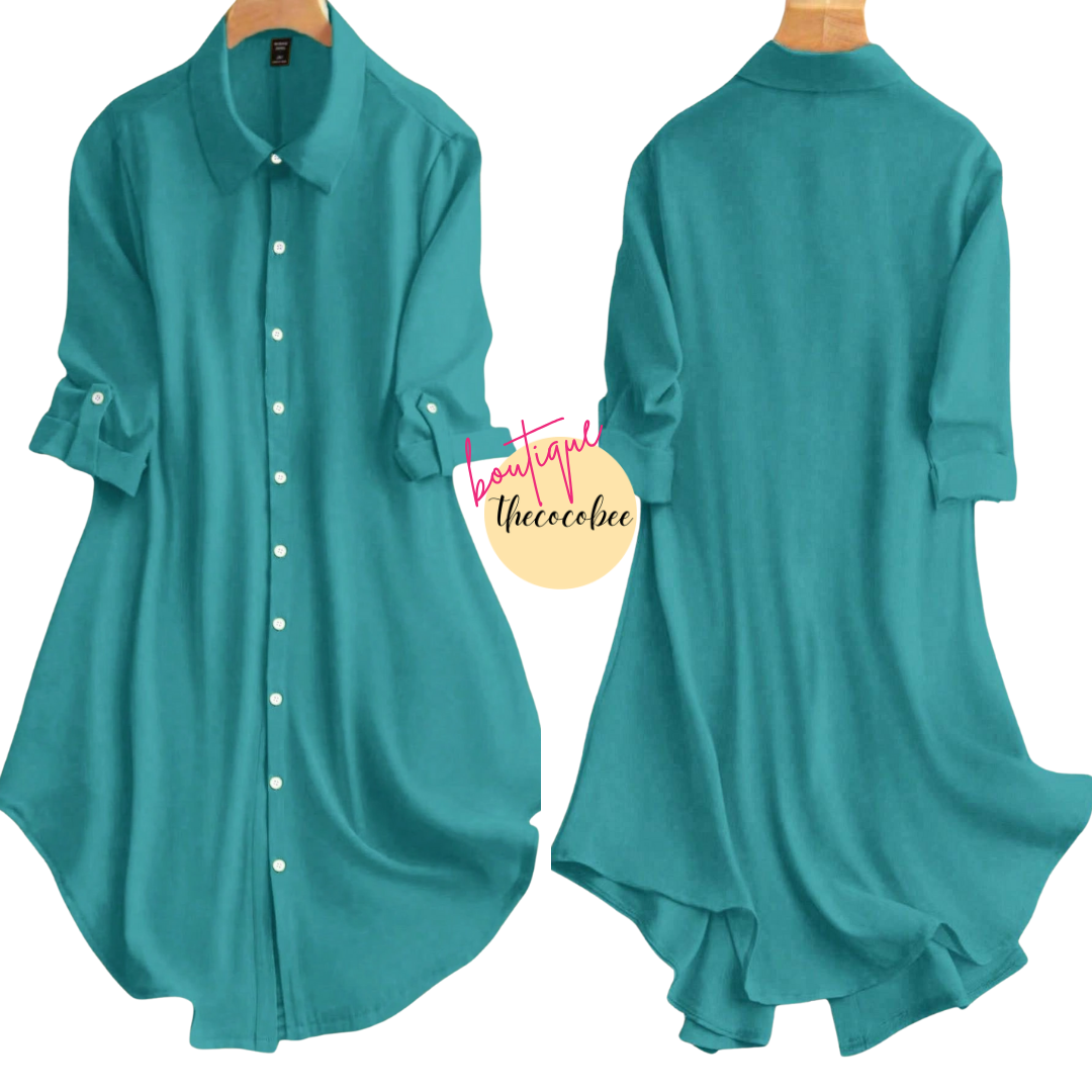 #161 Teal Blue Solid Color Button Front Long Sleeve Casual Dress, Everyday Wear