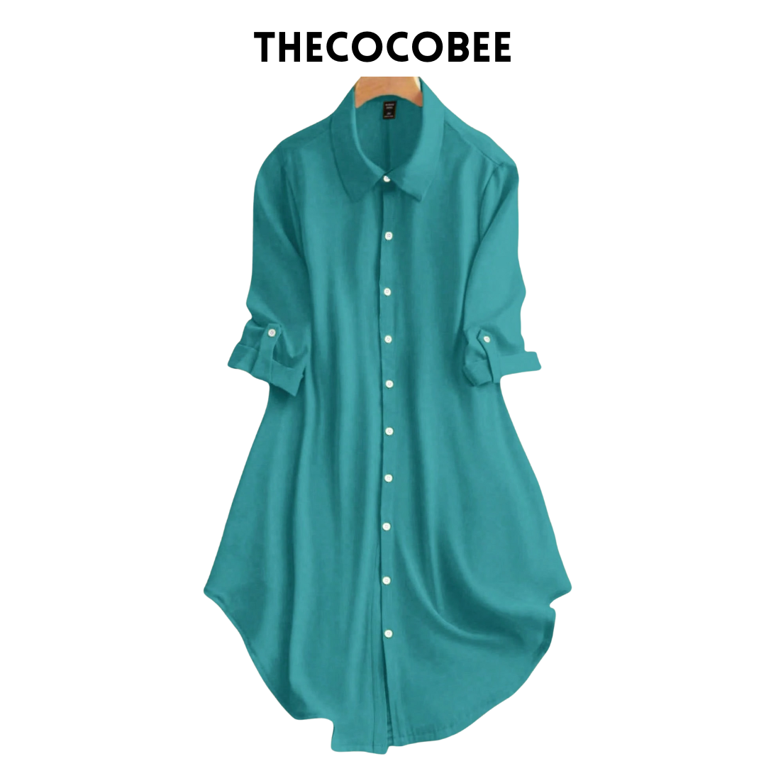 #161 Teal Blue Solid Color Button Front Long Sleeve Casual Dress, Everyday Wear