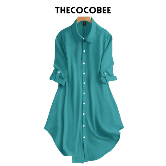 #161 Teal Blue Solid Color Button Front Long Sleeve Casual Dress, Everyday Wear