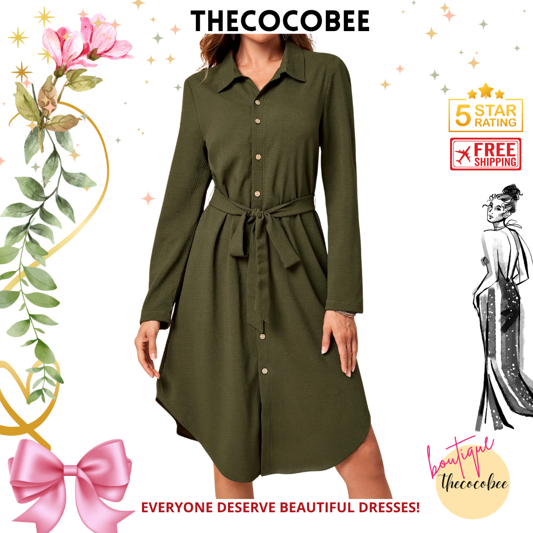 #162 Army Green Long Sleeve Midi Dress Fall Women Dresses Work Women Dresses