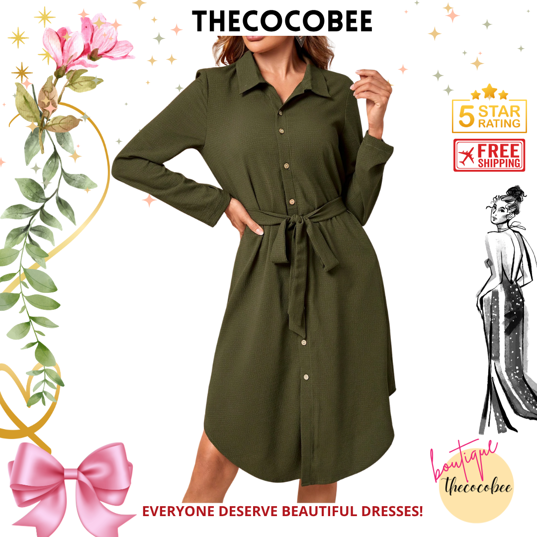 #162 Army Green Long Sleeve Midi Dress Fall Women Dresses Work Women Dresses