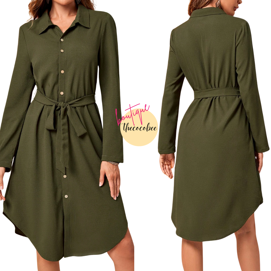 #162 Army Green Long Sleeve Midi Dress Fall Women Dresses Work Women Dresses
