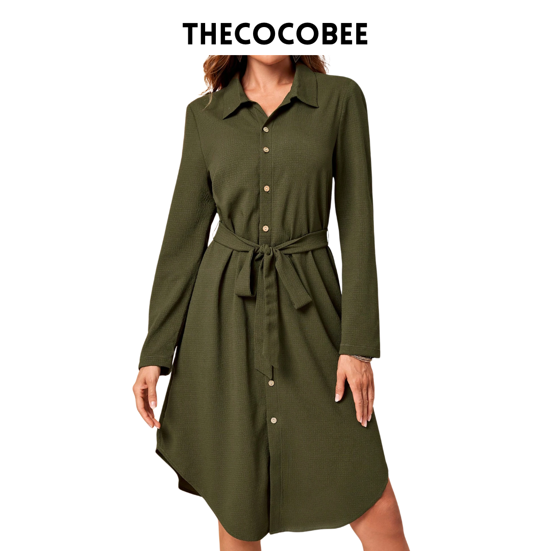 #162 Army Green Long Sleeve Midi Dress Fall Women Dresses Work Women Dresses