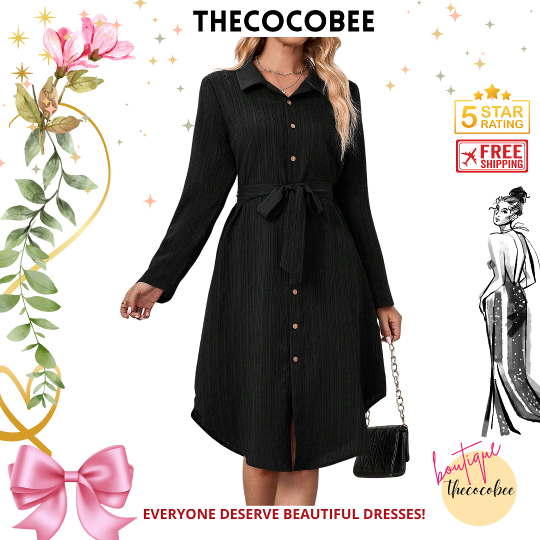 #162 Black Long-Sleeve Shirt With A Waist-Tied Belt,Midi Women Dresses