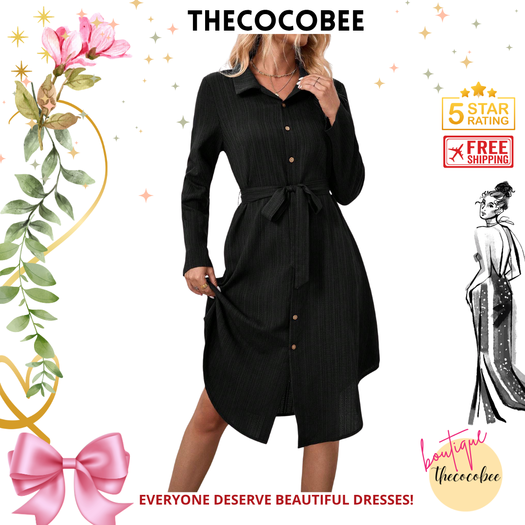 #162 Black Long-Sleeve Shirt With A Waist-Tied Belt,Midi Women Dresses