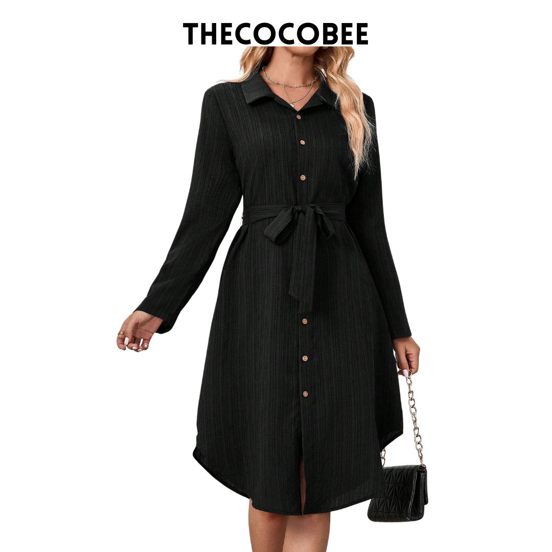 #162 Black Long-Sleeve Shirt With A Waist-Tied Belt,Midi Women Dresses