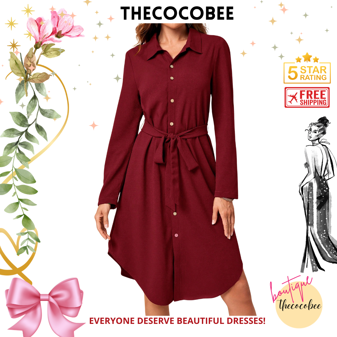 #162 Burgundy Long Sleeve Midi Dress Fall Women Dresses Work Women Dresses