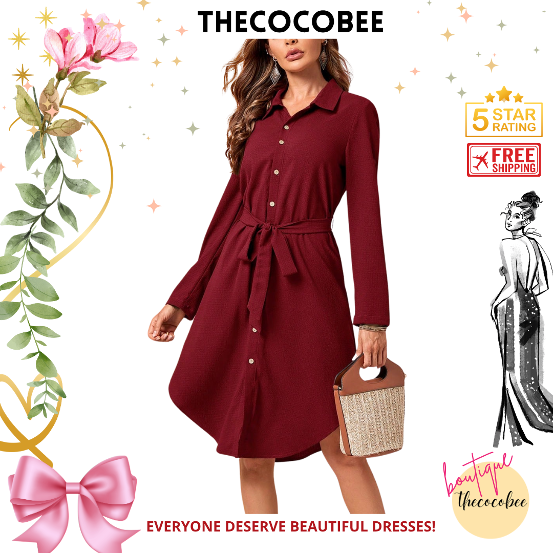 #162 Burgundy Long Sleeve Midi Dress Fall Women Dresses Work Women Dresses