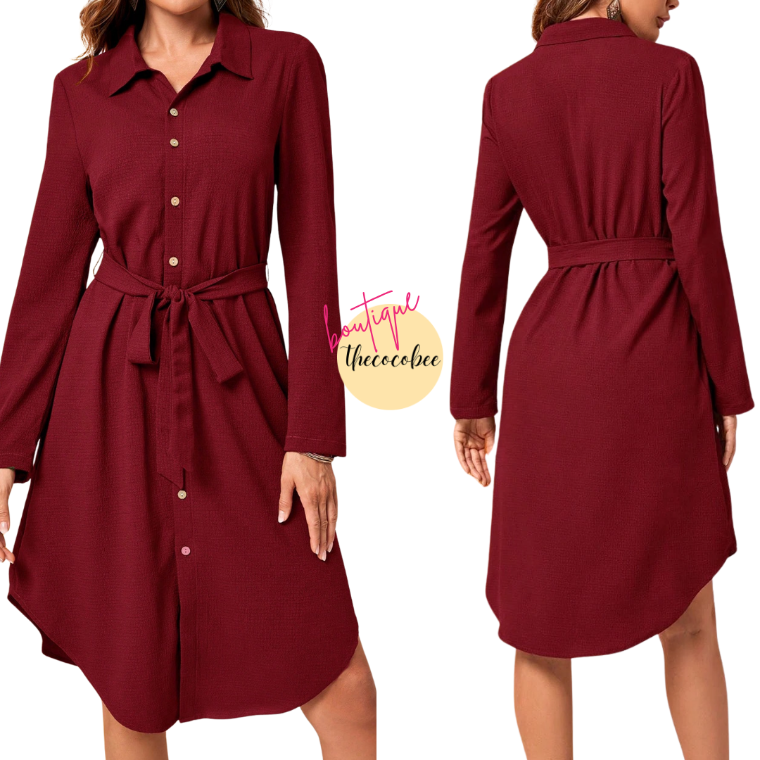 #162 Burgundy Long Sleeve Midi Dress Fall Women Dresses Work Women Dresses