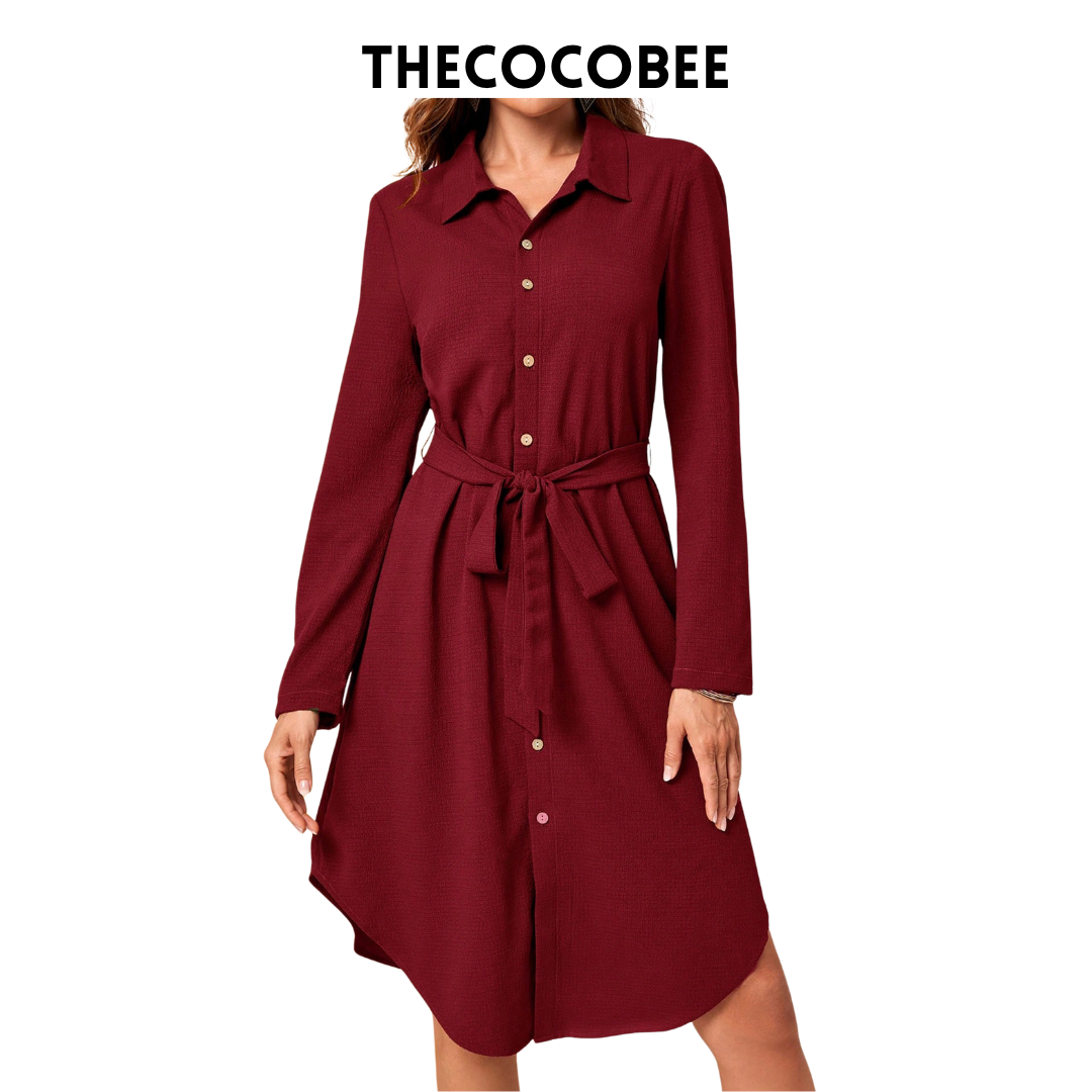 #162 Burgundy Long Sleeve Midi Dress Fall Women Dresses Work Women Dresses