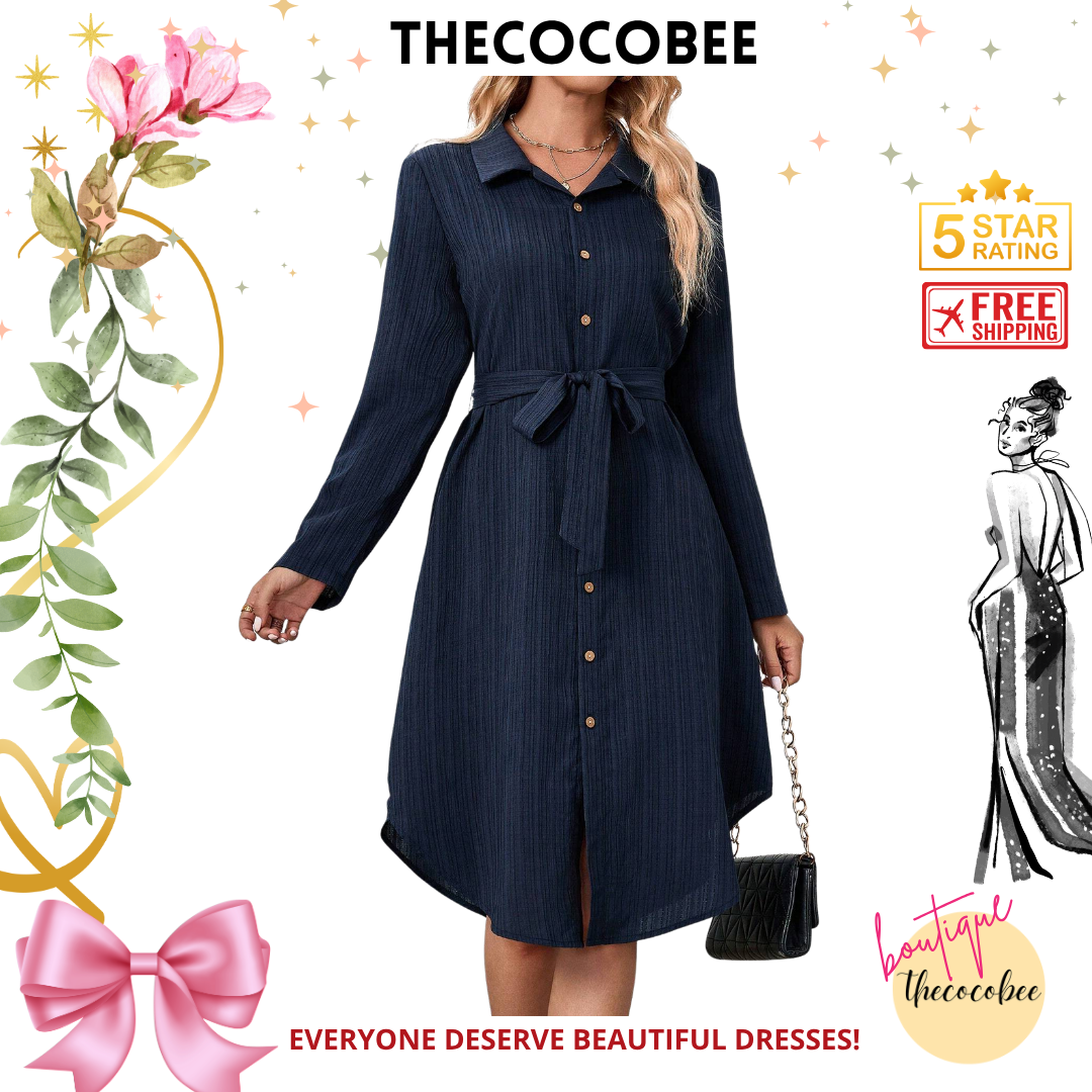 #162 Navy Blue Long Sleeve Dresses For Women Elegant